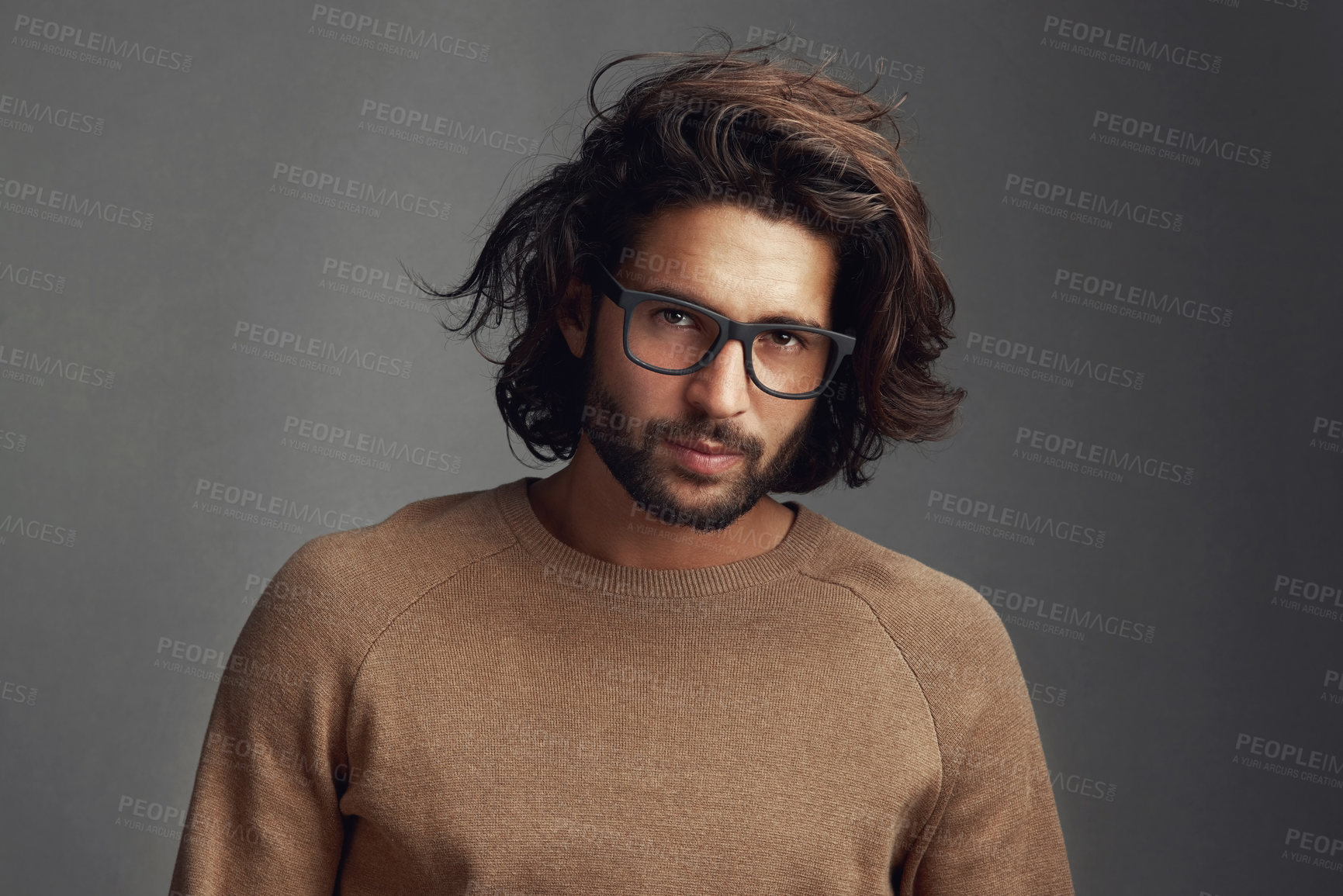 Buy stock photo Designer, modern or portrait of man with glasses, vision or clear sight on grey background in studio. Prescription eyewear, face and confident male mode with fashion, health or cool spectacle frame