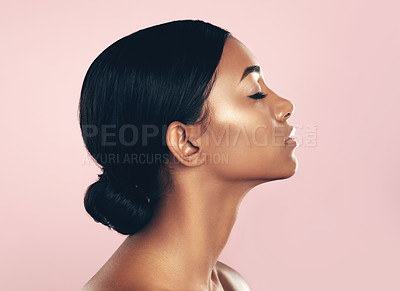 Buy stock photo Makeup, beauty and face of Indian woman for skincare, facial or wellness treatment or dermatology, spa or cosmetics in studio. Girl, selfcare or luxury mockup or isolated profile with skin confidence
