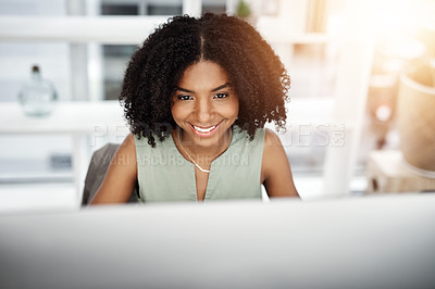 Buy stock photo Black woman, computer and smile as copywriter in office for online networking or writing article, market research or seo. Female person, desk and creative report with connection, proposal or brief