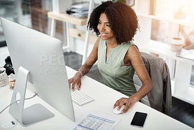 Buy stock photo Finance, document and happy woman on computer for budget, planning and research in office. Management, paper and smiling African female financial advisor online for accounting, tax or report review