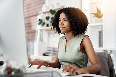 Buy stock photo African business woman, smile and monitor in office for career, online digital report and web project. Editor or young person with tech and looking at screen for typing, email or internet research