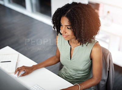 Buy stock photo Black woman, pc or notebook in planning, business or startup as idea, tech or vision of company. Female employee, computer or smile at thinking, wonder or connectivity of professional digital network