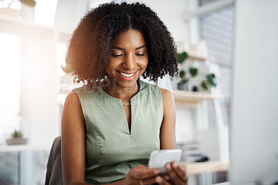 Buy stock photo Employee, typing and woman with smartphone, smile and journalist with email and online reading for financial news. Economy writer, research for article and cellphone for message and text for contact