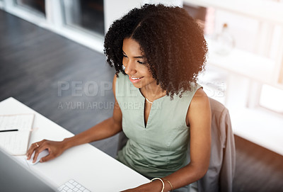 Buy stock photo African woman, computer or notebook in planning, business or startup as idea, vision or company. Black female employee, pc or smile at thinking, wonder or connectivity of professional digital network