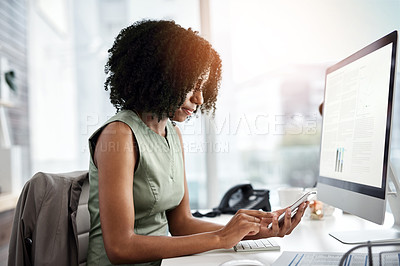 Buy stock photo Phone, computer screen and woman typing for online networking, multimedia management and marketing. Research, scroll and african person at office desktop pc and mobile app on chat, website or reading