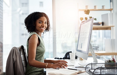 Buy stock photo Black woman in business, computer screen and smile in portrait, working on corporate report or proposal. Data analyst, review of article and happy female employee in office with productivity