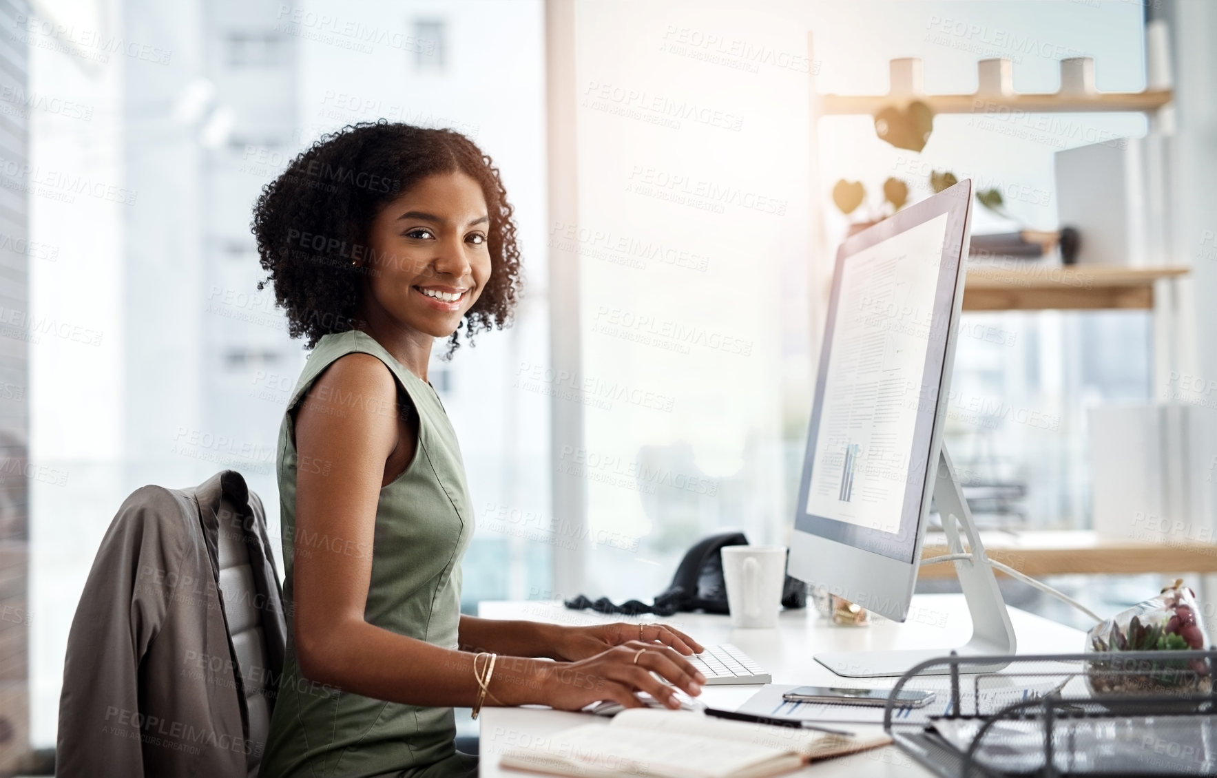 Buy stock photo Black woman in business, computer screen and smile in portrait, working on corporate report or proposal. Data analyst, review of article and happy female employee in office with productivity