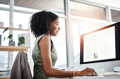 Buy stock photo Business, search and woman with computer, report and financial update for startup success, screen or review stock market. Female accountant, online and investor with proposal for profit growth