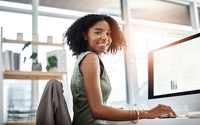 Buy stock photo Black woman in business, smile in portrait and computer screen with charts and graph, project information and analysis. Data analyst, review of corporate report and happy female employee in office