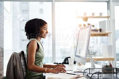Buy stock photo Black woman in business, reading on computer screen and analysis with project information and article. Data analyst, review of corporate report and happy female employee in office with productivity