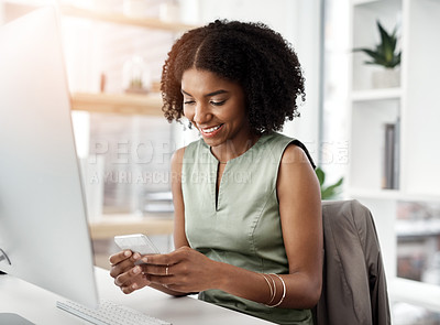 Buy stock photo Black woman, computer and cellphone networking in office as graphic designer for creative brief, proposal or chat. Female person, smile and smartphone for market research, project planning or online