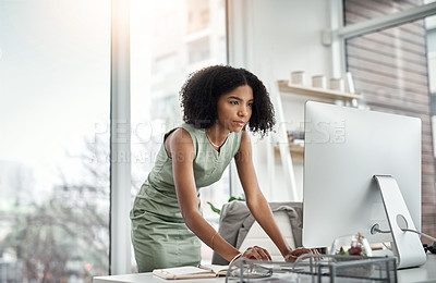 Buy stock photo Busy, typing and woman on computer for office online management, planning or productivity in hr career. Human Resources worker or african person working on desktop pc and keyboard for business or job