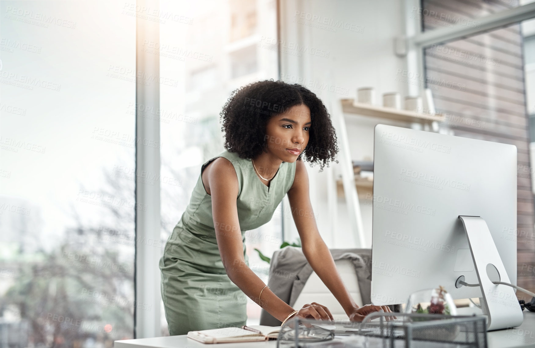 Buy stock photo Busy, typing and woman on computer for office online management, planning or productivity in hr career. Human Resources worker or african person working on desktop pc and keyboard for business or job