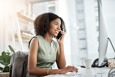 Buy stock photo Black woman, phone call and computer in office as designer for ux market research, creativity or project. Female person, face and cellphone for online connection or ui website, proposal or networking