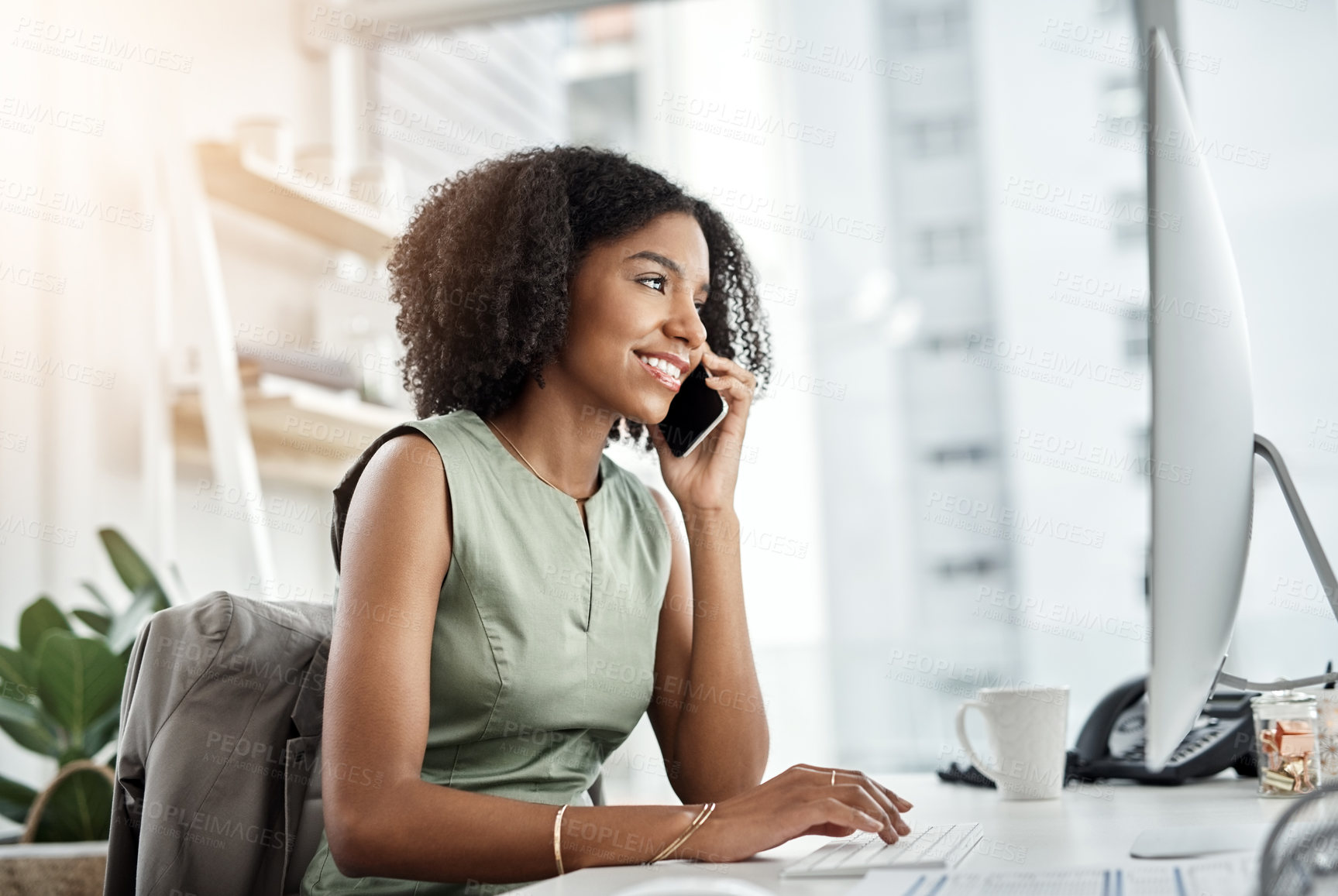 Buy stock photo Black woman, phone call and computer in office as creative graphic designer for ux market research, smile or project. Female person, cellphone and online connection or website, proposal or network