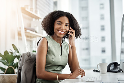 Buy stock photo Happy black woman, portrait and business with phone call for discussion, proposal or communication at office. African female person, financial advisor or smile with mobile smartphone for conversation