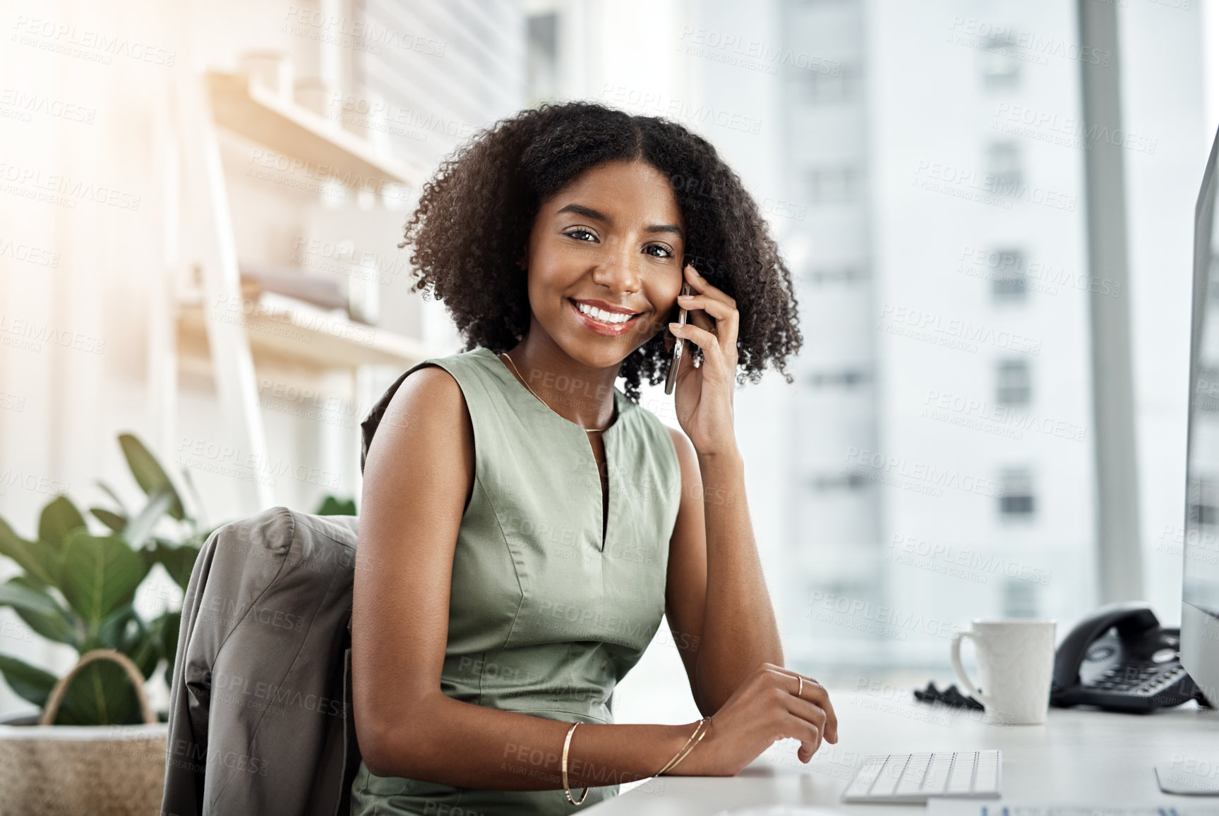 Buy stock photo Happy black woman, portrait and business with phone call for discussion, proposal or communication at office. African female person, financial advisor or smile with mobile smartphone for conversation