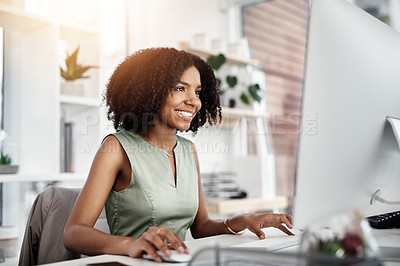 Buy stock photo Business, computer and happy woman in office for research, planning and satisfied with web search. Online, review and African female person smile for report, proposal or creative design inspiration