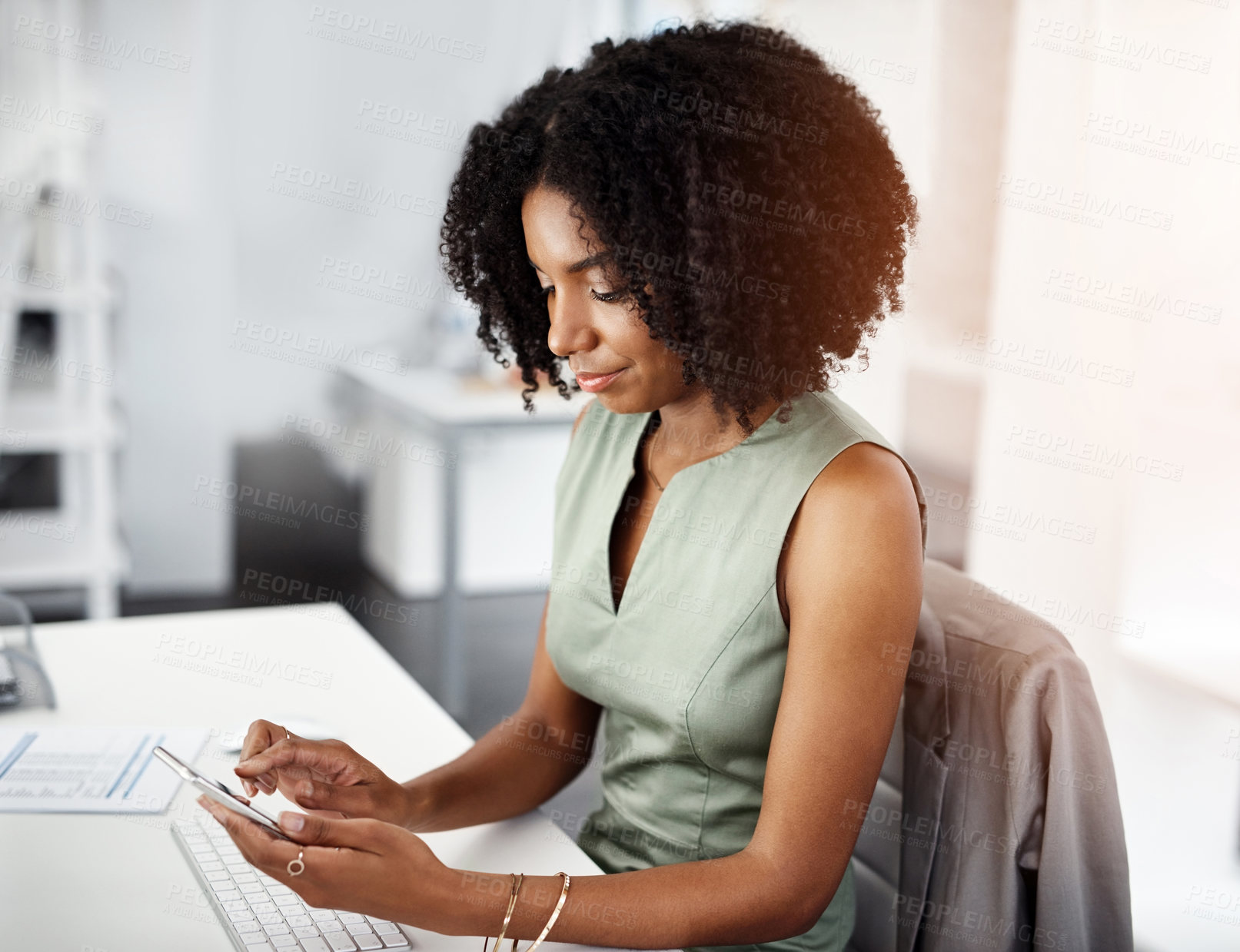 Buy stock photo Business, typing and woman with cellphone, office and accountant with message contact and online reading for financial news. Economy, broker and worker with smartphone and trading with app or texting