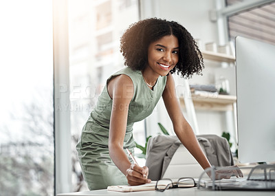 Buy stock photo Planner, writing and portrait of business woman by her desk or table and standing in a corporate startup company. Internet, online and African professional female employee with schedule notebook