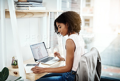 Buy stock photo Writing, notebook and creative woman in office planning, work from home or brainstorming on computer in business startup. Young African person with technology, laptop and notes for design or reminder