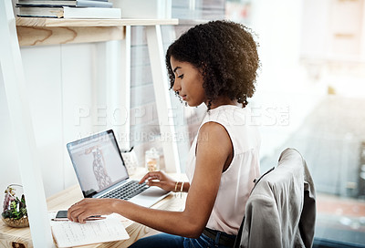 Buy stock photo Computer, phone and creative woman in office planning, productivity and brainstorming notes for business startup. Young African person with multimedia technology, laptop and notebook for design ideas