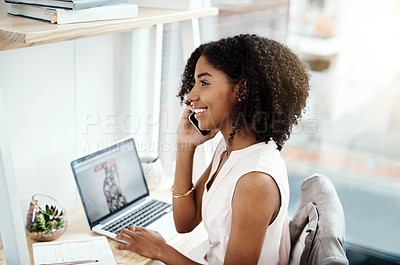 Buy stock photo Computer, phone call and fashion woman with ideas, planning or networking in e commerce, small business or online startup. Happy design ideas of person on mobile, laptop and feedback for clothes chat