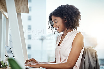 Buy stock photo Business, laptop and black woman with startup success, workplace and connection with new project. Female professional, entrepreneur or freelancer with happiness, typing or website launch in an office