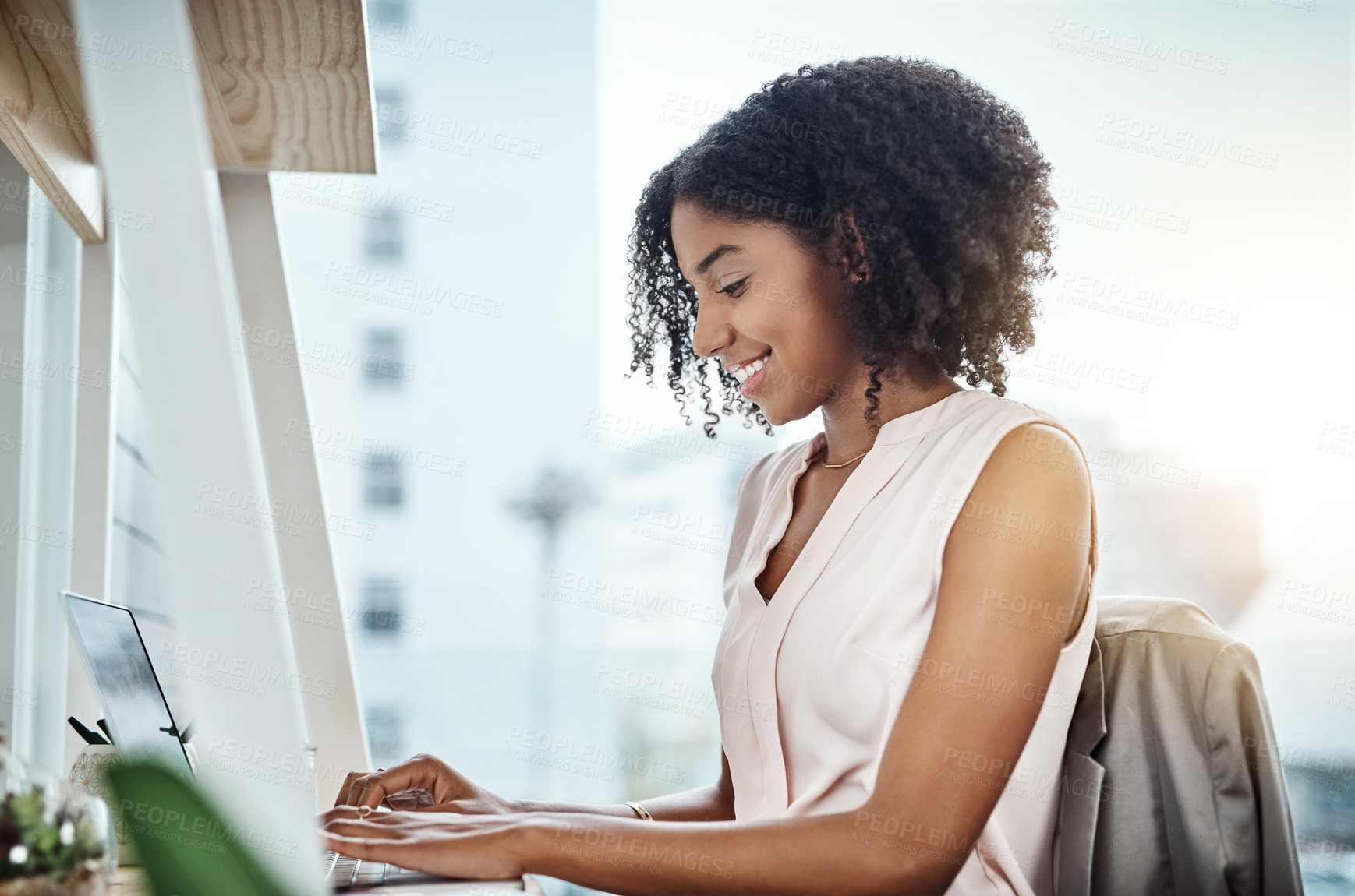 Buy stock photo Business, laptop and black woman with startup success, workplace and connection with new project. Female professional, entrepreneur or freelancer with happiness, typing or website launch in an office