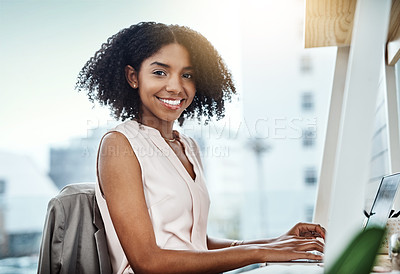 Buy stock photo Typing, computer and portrait of woman in office planning, online management and productivity for business mindset. Face of a happy professional worker, employee or African person working on desktop