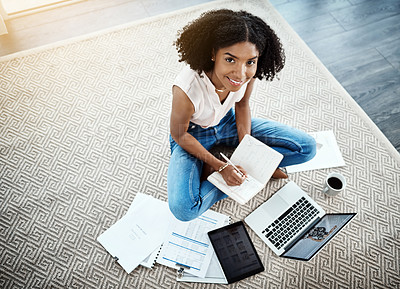 Buy stock photo Laptop, notebook and woman on floor for work from home opportunity, financial planning and writing ideas from above. African person on computer, brainstorming and budget documents for happy startup