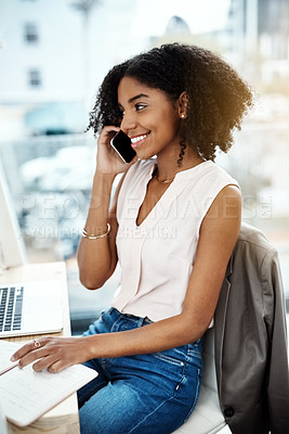 Buy stock photo Woman, phone call and writing in happy office, notes and agenda for company on technology. Communication, speaking and notebook with schedule or idea, online business for contact information