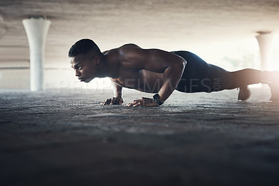 Buy stock photo Black man, fitness and cardio with push ups for exercise, muscle training and endurance in Atlanta. Bodybuilder, serious and resilience in workout with energy for body strength, power and self care
