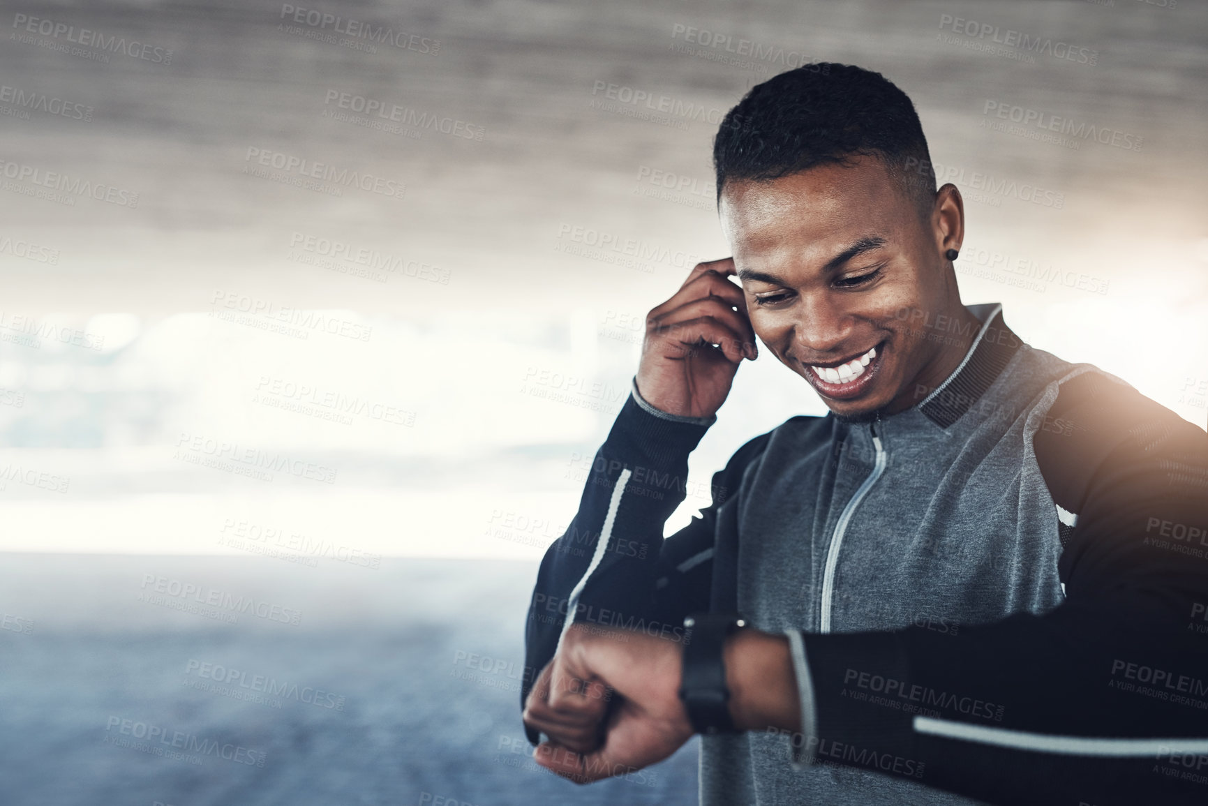 Buy stock photo Black man, runner and check smart watch for fitness with statistics, speed and thinking in city. Person, clock and timer app with excited for record, steps and outdoor for training with mock up space