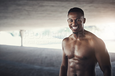 Buy stock photo Smile, fitness and portrait of black man with muscles for body building, strength and workout. Happy, sports and confident male athlete with muscular exercise for outdoor training in Jamaica.