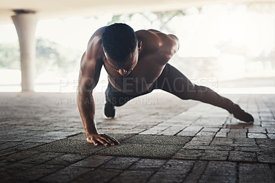 Buy stock photo Black man, push up and shirtless in city with fitness, balance and healthy muscle with power on ground. Person, bodybuilder and outdoor on concrete for wellness, training and exercise in Los Angeles