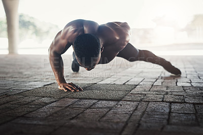 Buy stock photo Black man, push up and strong with fitness in city for balance, shirtless or muscle for power on ground. Person, bodybuilder and outdoor on concrete for wellness, training and exercise in Los Angeles