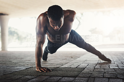 Buy stock photo African man, push up and strong in city with fitness for balance, shirtless or muscle for power on ground. Person, bodybuilder and outdoor on concrete for wellness, training and exercise in New York