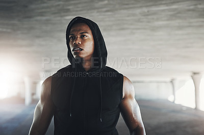 Buy stock photo Black man, athlete and exercise thinking with fitness strength for arm muscles, parking garage or confidence. Male person, sportswear and running training with sports wellness, health or thoughts