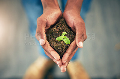 Buy stock photo High angle shot of an unrecognizable person holding a plant growing in soil