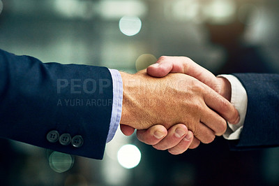 Buy stock photo Business people giving handshake, congratulating on success and networking at work. Closeup of a professional corporate manager, boss or ceo hiring new employee, making deals and giving promotion 