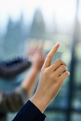 Buy stock photo Cropped shot of a group of unrecognizable businesspeople hands raised in an office