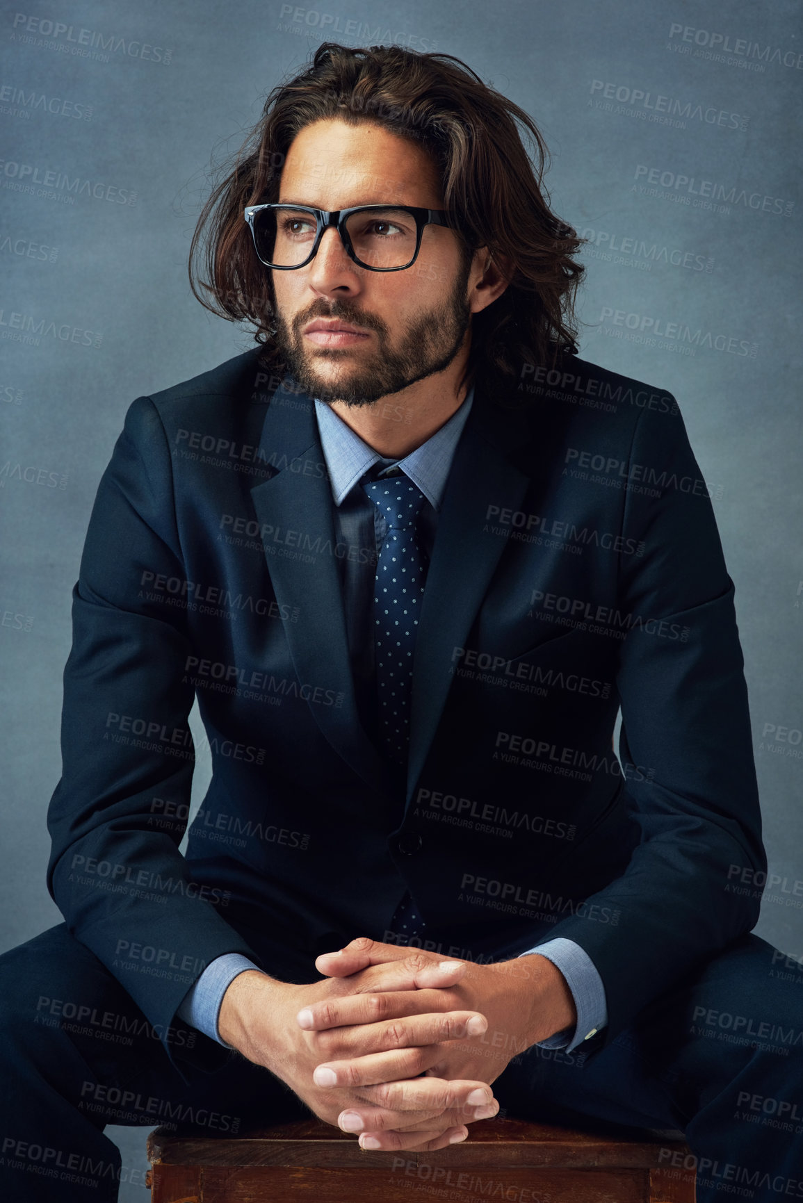 Buy stock photo Fashion, suit and thinking with business man in studio on gray wall background for professional career. Corporate, future and planning with confident employee or in pride for elegance, power or style