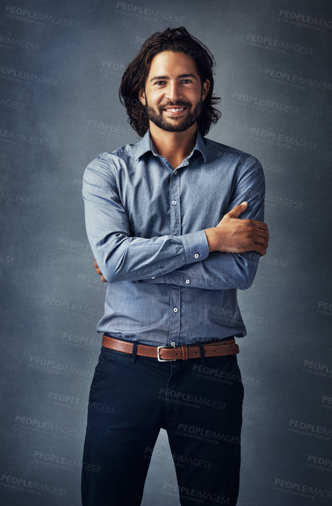 Buy stock photo Happy, businessman and confident with portrait in studio for career in commercial real estate, investment and property sales. Employee, confidence and gray background for pride as professional broker