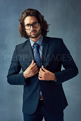 Buy stock photo Fashion, portrait and suit with business man in studio on gray wall background for professional career. Corporate, formal jacket and style with smart employee or in work outfit for elegance or power