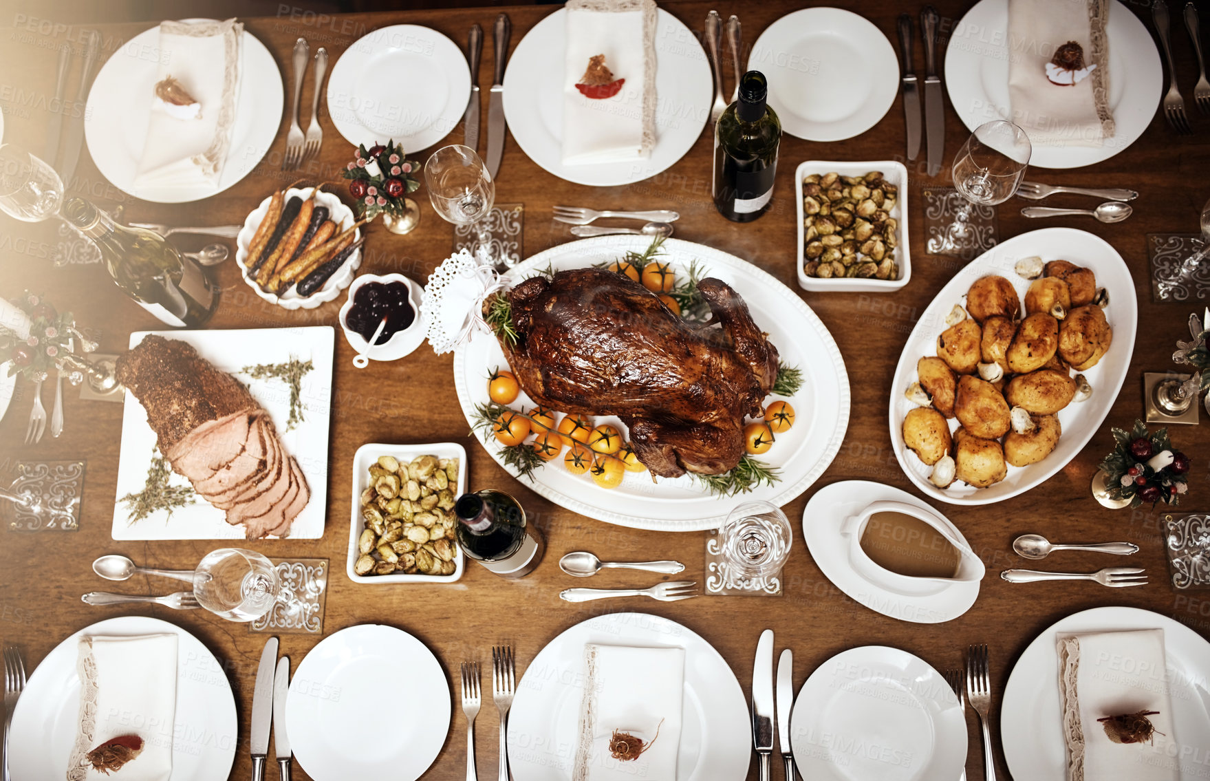 Buy stock photo High angle shot of a feast on a table at Christmas