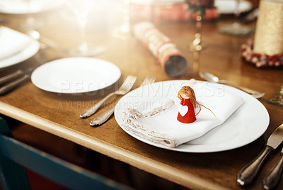Buy stock photo Closeup shot of a place setting on a table at Christmas