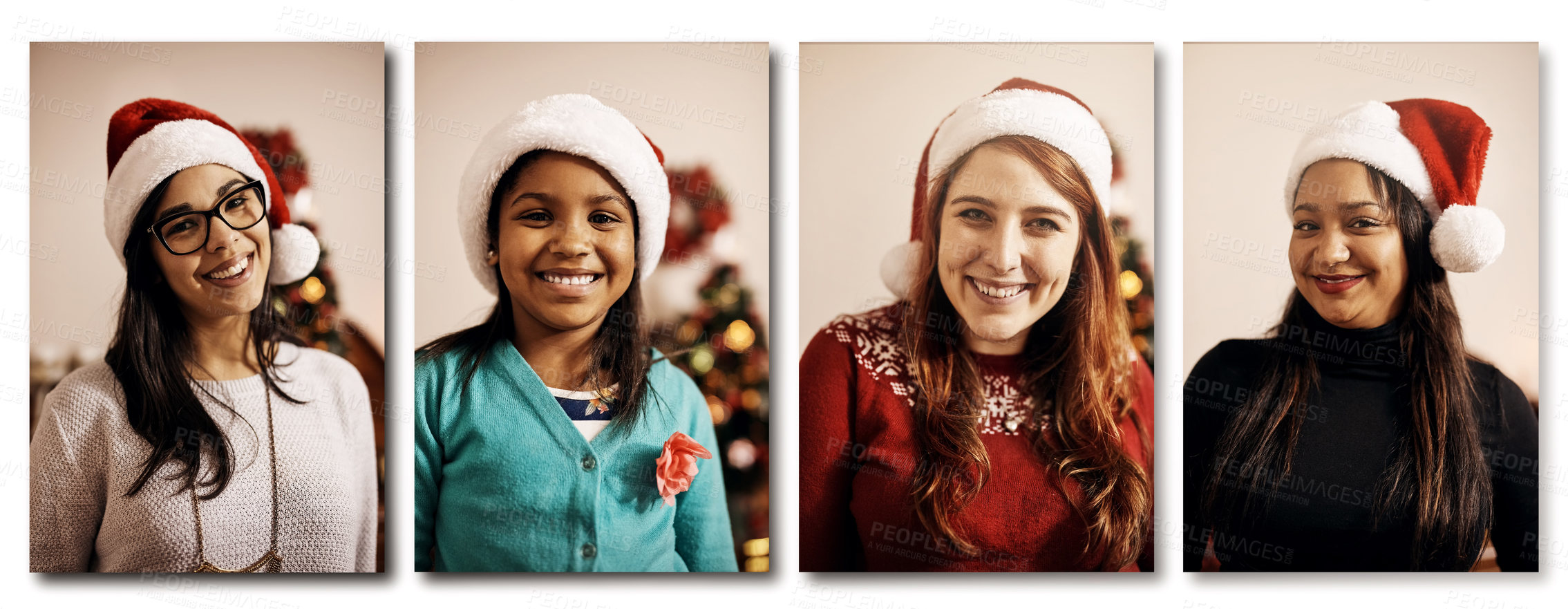 Buy stock photo Christmas, collage and portrait of happy people at party for event, festive or holiday in home with cheerful smile. Celebration, diversity and face with kids and women in apartment for December event