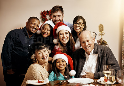Buy stock photo Portrait of a multi generational family celebrating Christmas together at home