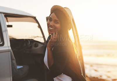 Buy stock photo Beach, portrait and happy woman in van for road trip, sunset and adventure in summer with hat or smile. Female person, sea or girl by car vehicle for travel, transport and drive on outdoor journey